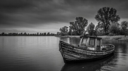 Obraz premium Vintage wooden boat on serene lake amidst overcast skies in black and white.