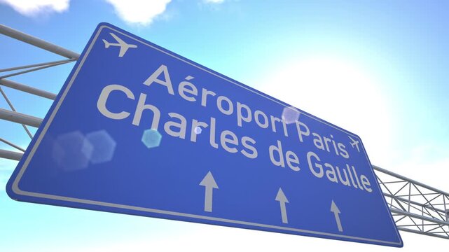 Minimalist transport sign for Paris Charles de Gaulle Airport with jet ascending across clear blue sky, departing from Paris, France.