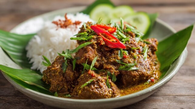 Spicy indonesian beef rendang dish with rice on banana leaf.
