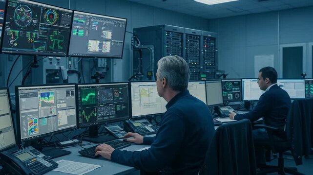 Two Men in Dark Blue Shirts Working in Control Room at Desks Surrounded by Multiple Computer Monitors Displaying Various Data
