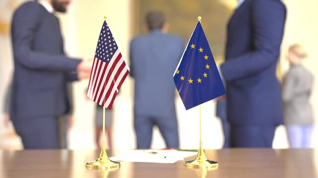 United States - European Union summit desk flags, 3D rendering