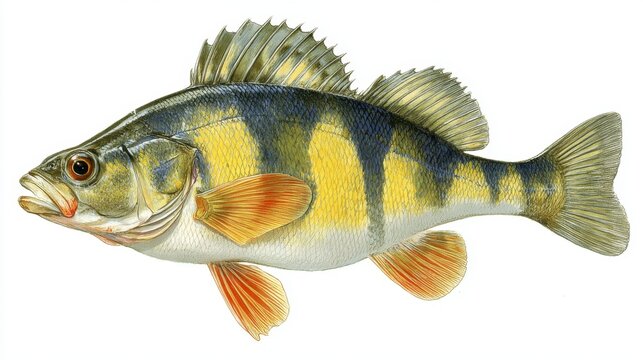 Colorful illustration of yellow perch fish with distinctive stripes.
