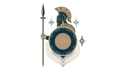 Fototapeta premium Stylized warrior illustration holding spear and shield on white background