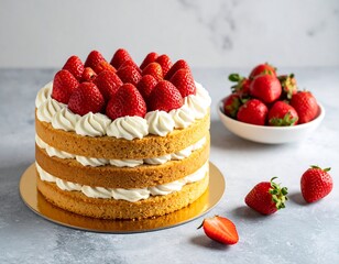 Delicious Strawberry Layer Cake with Whipped Cream and Fresh Berries.