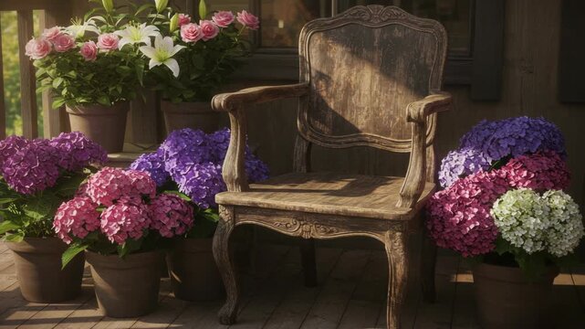 Rustic Wooden Chair Amidst Blooming Hydrangeas and Roses