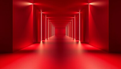 Explore the captivating depths of a red-lit hallway with futuristic lighting and smooth surfaces that evoke a sense of mystery and intrigue