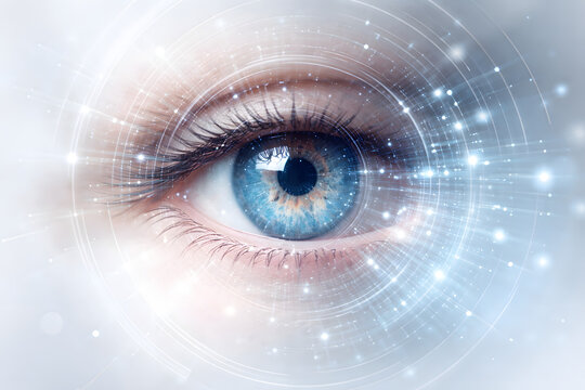 Abstract visualization of a human eye with glowing medical data patterns, symbolizing advanced retinal scanning, early diagnosis, and precision medicine in modern ophthalmology.