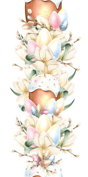 Watercolor Easter seamless border with icing cake, spring flowers, colorful eggs, willow branches. Festive vertical banner of bright holiday with tulip. Delicate isolated illustration for decoration