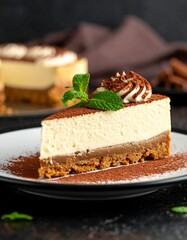 Delicious Tiramisu Cheesecake Slice with Mint and Cocoa Powder.