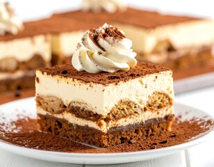Delicious Tiramisu Dessert with Cream Topping and Cocoa Powder.