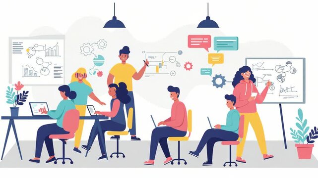 Diverse Team Brainstorming in a Bright Office with Whiteboards Charts and Laptops in a Modern Flat Vector Style Illustration
