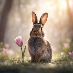 Fototapeta premium Wall Art Cute Bunny Holding Pink Tulip in Grassy Meadow for Valentines Day