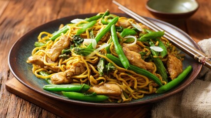 Delicious chinese chicken chow mein with vegetables and noodles.