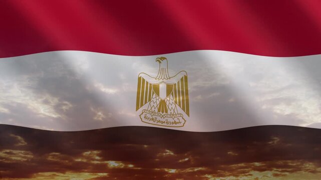 Flag of Egypt waving against a vibrant sunset, creating a patriotic and inspiring atmosphere with warm tones.