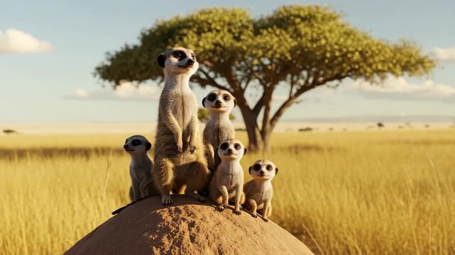 Meerkat Family Standing on a Mound in a Yellow Grass Field Under a Blue Sky with Trees in the Background on a Sunny Day