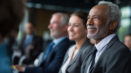 Fototapeta premium Group of business people in seminar formal meeting, people in business formal wear cheerful and enjoying listening to presentation, company shareholder annual meeting in hall