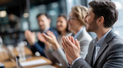 Coworkers applauding after successful completion of presentation, office conference room casual business conversation, modern interior office background, success business