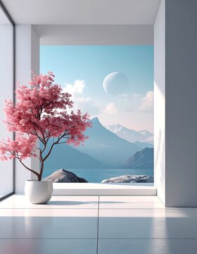 Serene Interior with Cherry Blossom and Mountain View.