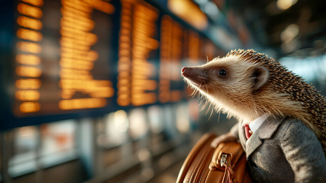 Hedgehog in Suit Awaits Flight at Airport Departure Board, Travel Concept