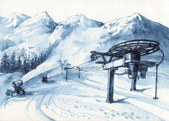 Fototapeta premium Landscape with majestic mountain peaks. Panorama of a ski resort with ski lift and working snow cannons releasing jets of artificial snow. Watercolor in monochrome blue tones, hand-drawn illustration.