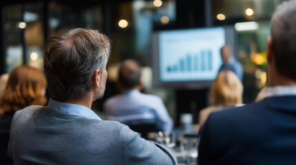 Fototapeta premium Business seminar meeting with people standing, presentation of new strategy business plan for office teamwork colleagues, business meeting in modern office interior background,