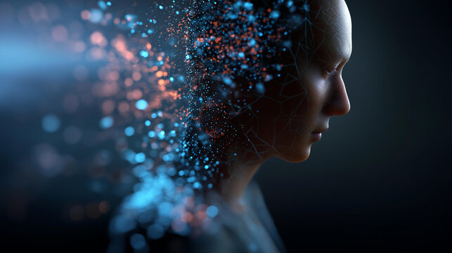 Person's form depicted as collection of particles in motion, human particle visualization, digital body concept, dispersing figure display, technological transformation graphic,