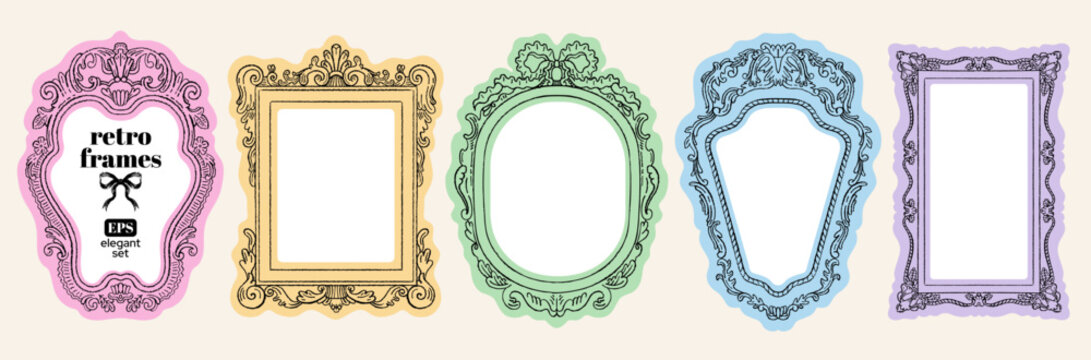 Mirror frame. Doodle picture, photo vector border. Cute oval and square vintage ornate painting. Antique decorative hand drawn frame for picture, photo gallery. Lace scallop wavy whimsical wiggle bg