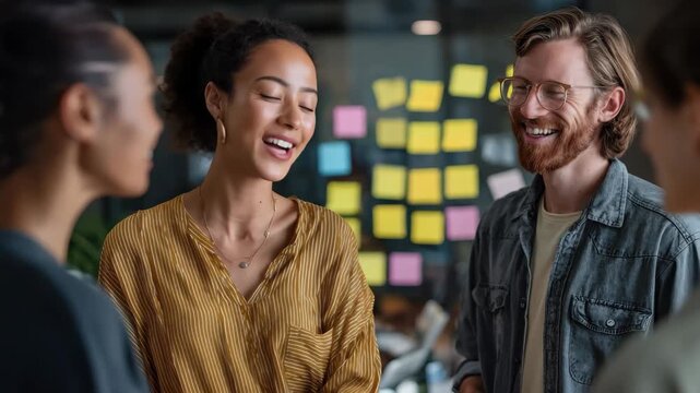 Sharing expertise and fostering collaboration in a modern workspace with professionals engaging and smiling