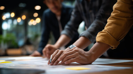 Obraz premium Creative business meeting brainstorming ideas sharing, team of marketing business staff standing and discussing solutions for new project, startup business ideas concept, faceless