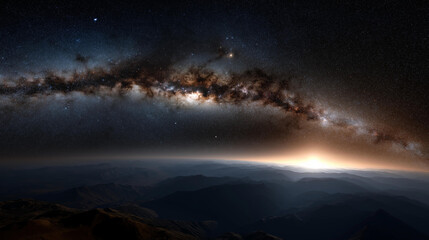 Fototapeta premium Detailed view of milky way galaxy structure, cosmic visualization graphic, astronomical detail display, galactic formation scene, universe structure perspective, defocused star