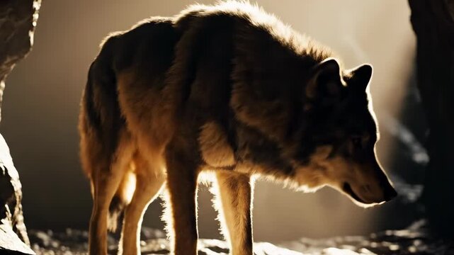 wolf eye colors - A majestic wolf emerges from the shadows of a cave, its fur illuminated by soft, warm light, creating an atmosphere of mystery and wilderness