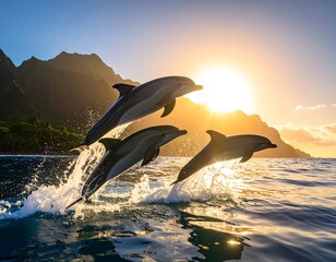 Dolphins Leaping at Sunset - A Symphony of Marine Grace.