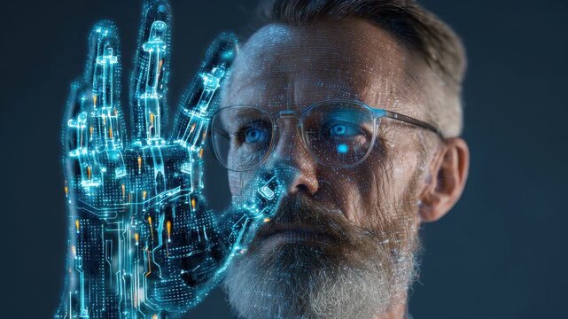 Senior technologist engaging with advanced blockchain technology during a digital demonstration in a modern workspace environment
