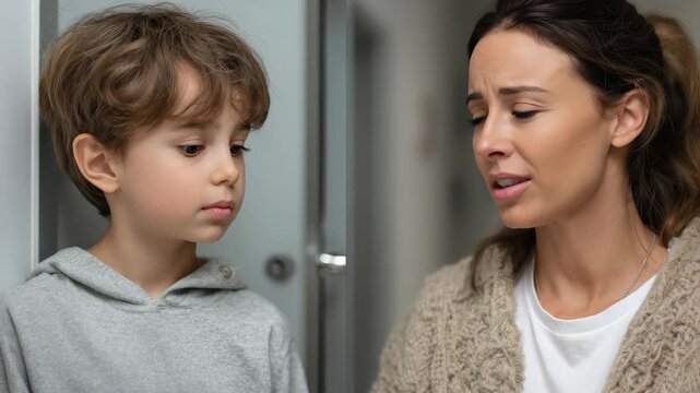 Supportive mother encourages her son as he prepares to enter a cabinet in their home, fostering a nurturing atmosphere on a quiet afternoon
