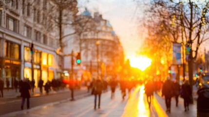 Fototapeta premium Sunset view of city street with people walking and shops open in the evening