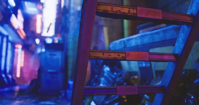 A vibrant urban alleyway alive with neon lights creates a captivating atmosphere at night. A metallic ladder stands prominently in the foreground, directing the gaze deeper into the scene.