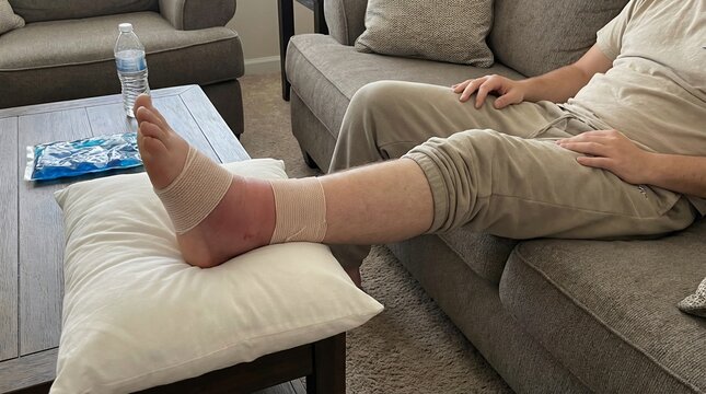 Man resting injured foot elevated on pillow at home