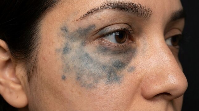 Close up of female face with skin birthmark nevus