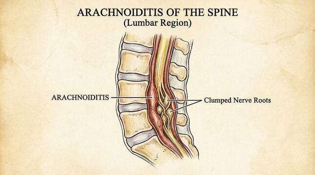 Medical illustration of arachnoiditis in the lumbar spine region