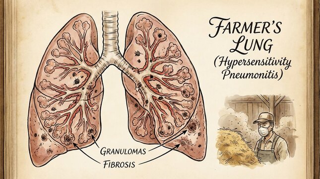 Medical illustration of Farmer's Lung hypersensitivity pneumonitis condition