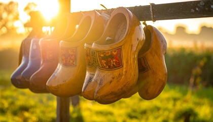Dutch Clogs Hanging on a Post at Sunset.