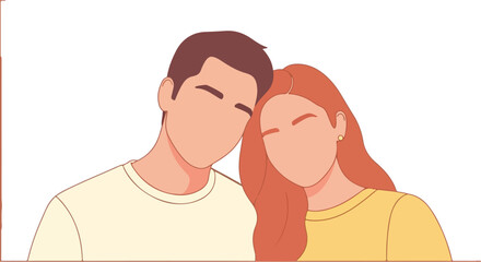 Obraz premium Illustration of a young couple with closed eyes, smiling and leaning heads together, against a clean white background with a warm and affectionate mood.
