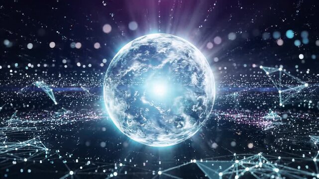 Futuristic digital globe with interconnected network points representing technology and data exchange in a modern digital environment