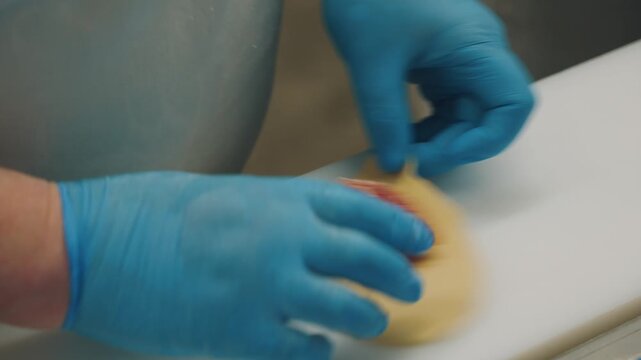 Workers make dumplings, hand-made dumplings on the conveyor, hand-made dumplings