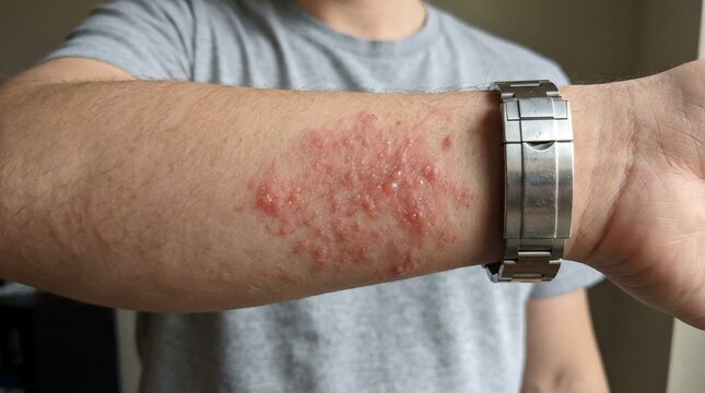 Severe skin rash and dermatitis on a male forearm