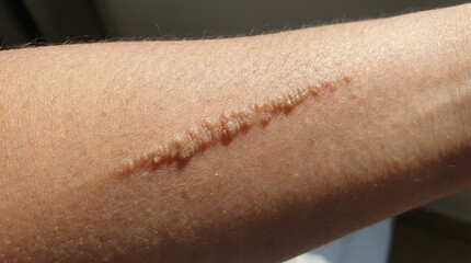 Fototapeta premium Close up of a raised linear scar on human arm