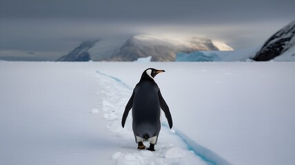 Solitary king penguin standing in a vast, misty antarctic landscape, representing wildlife, isolation, cold environments, and conservation