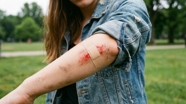 Injured arm with bloody wound and adhesive bandage strip