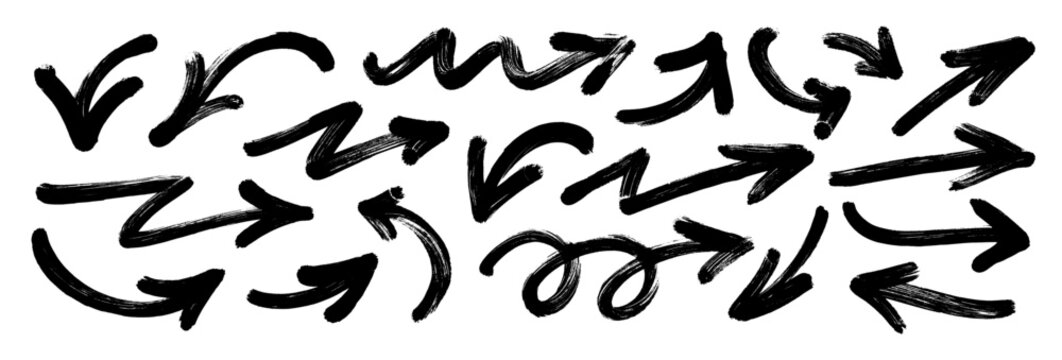 Bold brush drawn curved or straight arrow set. Vector thick marker arrows with dry brush and rough texture for handdrawn notes. Up, down, left, and right direction pointer