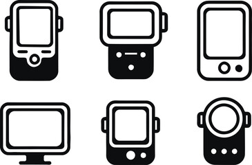 Set of minimalist line art icons featuring various digital mobile devices, portable smart gadgets, and electronic screen interfaces in clean vector outline style